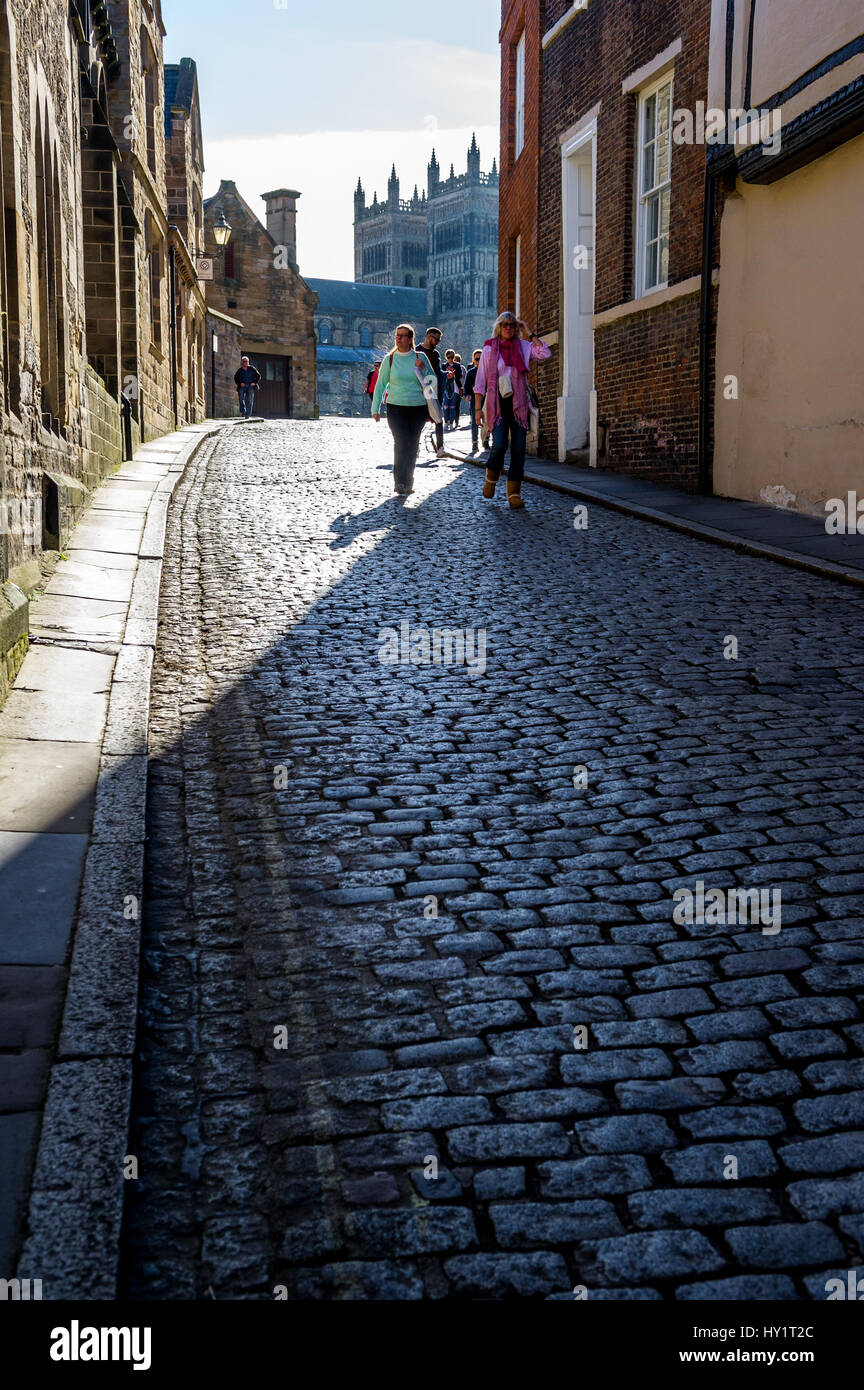 The stone cobbled streets and alleyways of old Durham city, England. Stock Photo