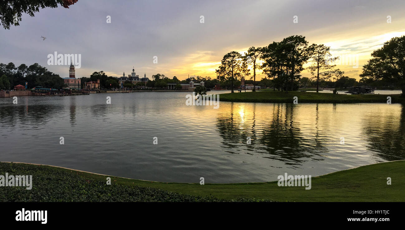 Sunset over the lake at Epcot World Showcase, Disneyworld Stock Photo