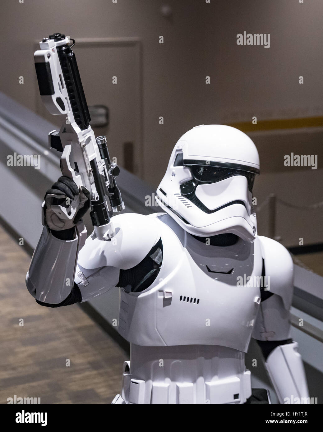 Stormtrooper raises his blaster in salute at Disney Studios, Disneyworld, Florida Stock Photo