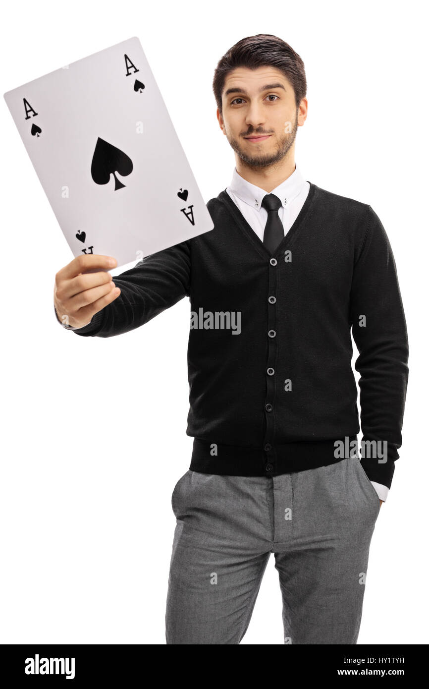 Young man holding an ace of spades card isolated on white background Stock Photo
