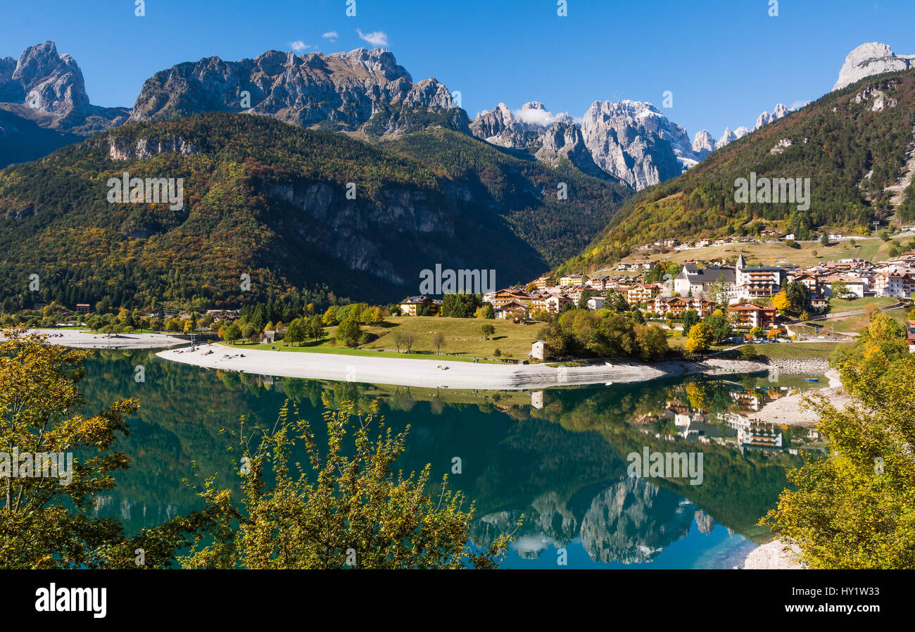 Lake Molveno,Trentino Alto Adige, northern Italy. The lake is elected most beautiful lake in Italy. Stock Photo