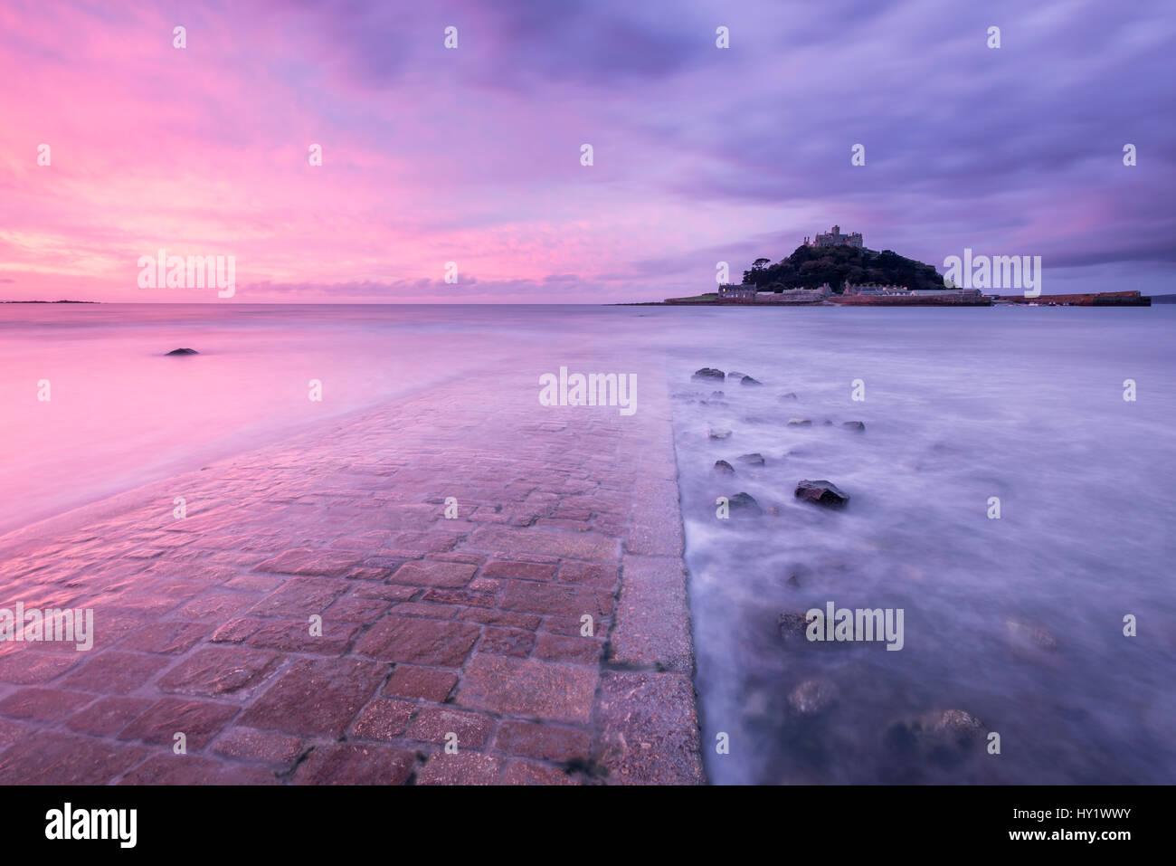 St Michael's Mount and old causeway at sunrise, Marazion, Cornwall, UK. October 2015. Stock Photo