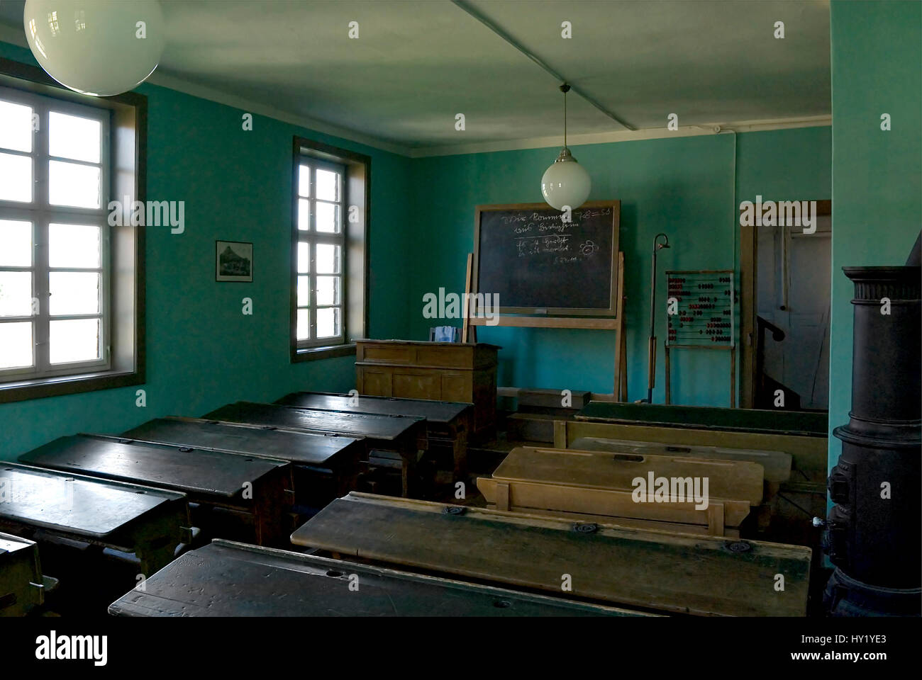 Historical 1800s school class room in a Traditional German Village at the Hohenlohe Open Air Folk Museum near Schwaebisch Hall in Baden WÃ¼rtemberg in Stock Photo