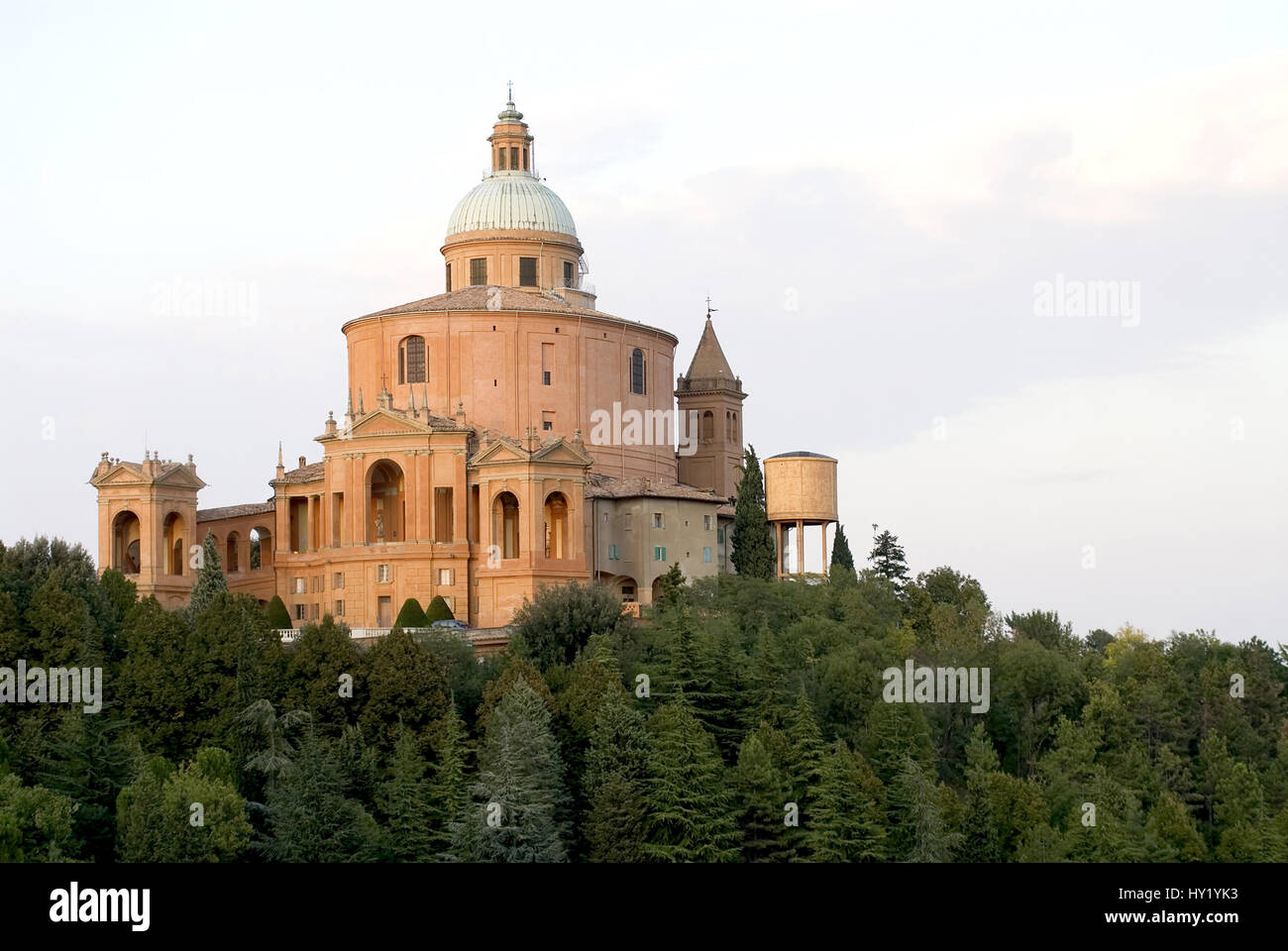 Image of the Sanctuary of the Madonna of San Luca, a basilica church in Bologna, central Italy, sited atop Colle or Monte della Guardia, in a forested Stock Photo