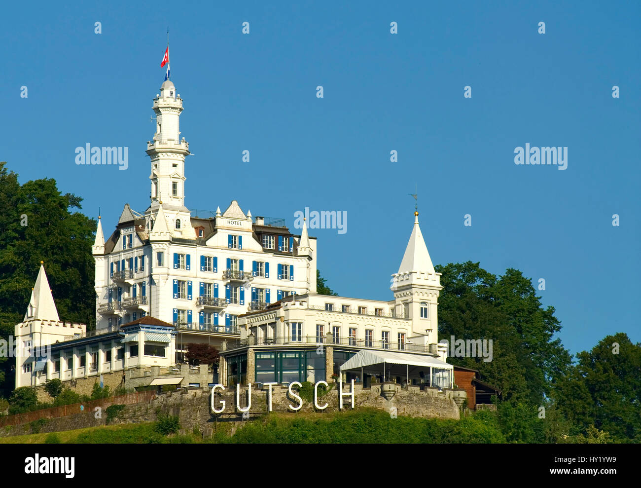 Image of the Chateau Guetsch, a fairytale castle with its own funicular overlooking the central Swiss city of Lucerne. The 118-year-old castle is owne Stock Photo
