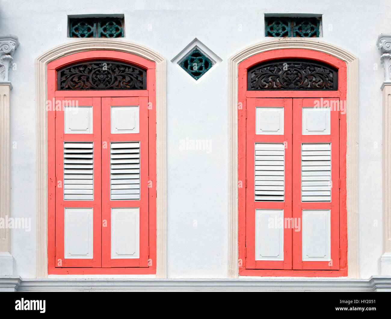 Detail Image of a colorful decorative art deco window, Singapore. Stock Photo