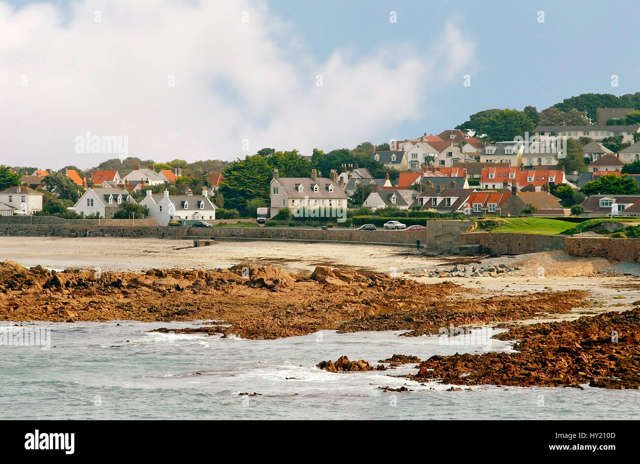 Landscape Image of the village Perelle on the North Coast of Guernsey, Channel Islands. Stock Photo