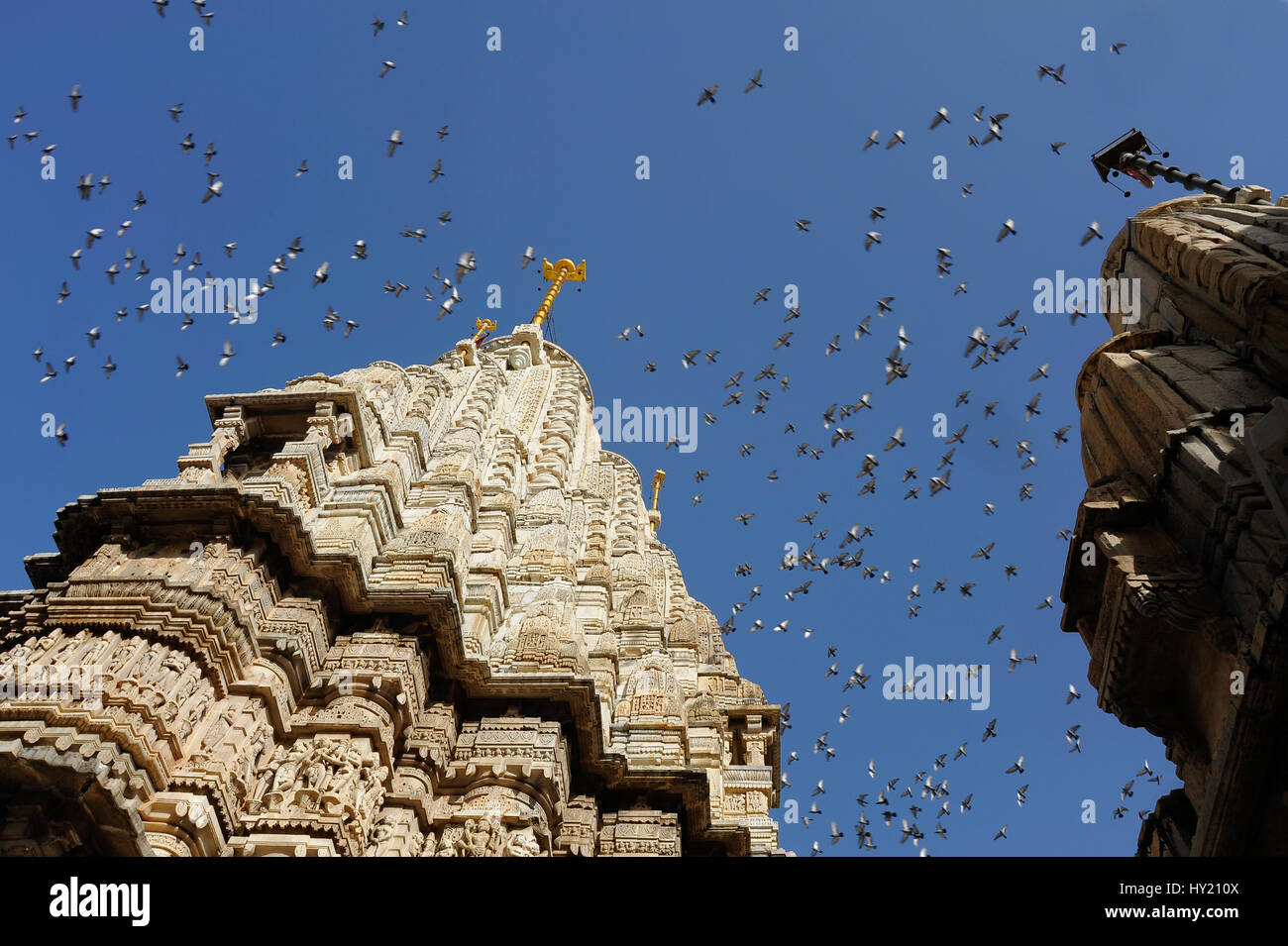 Pigeons flying above temple spire, Jagdish Temple, Udaipur Stock Photo