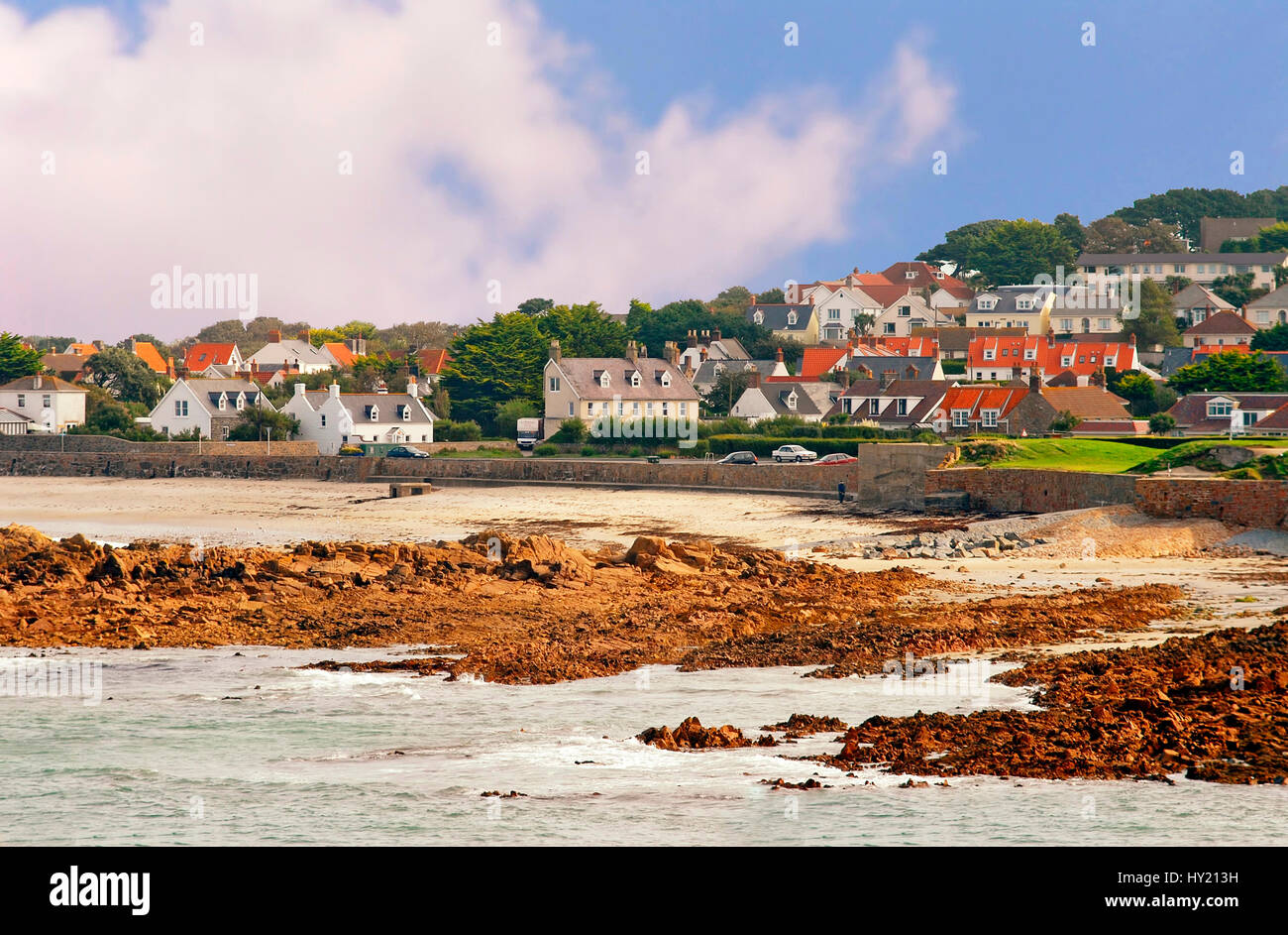 Landscape Image of the village Perelle on the North Coast of Guernsey, Channel Islands. Stock Photo