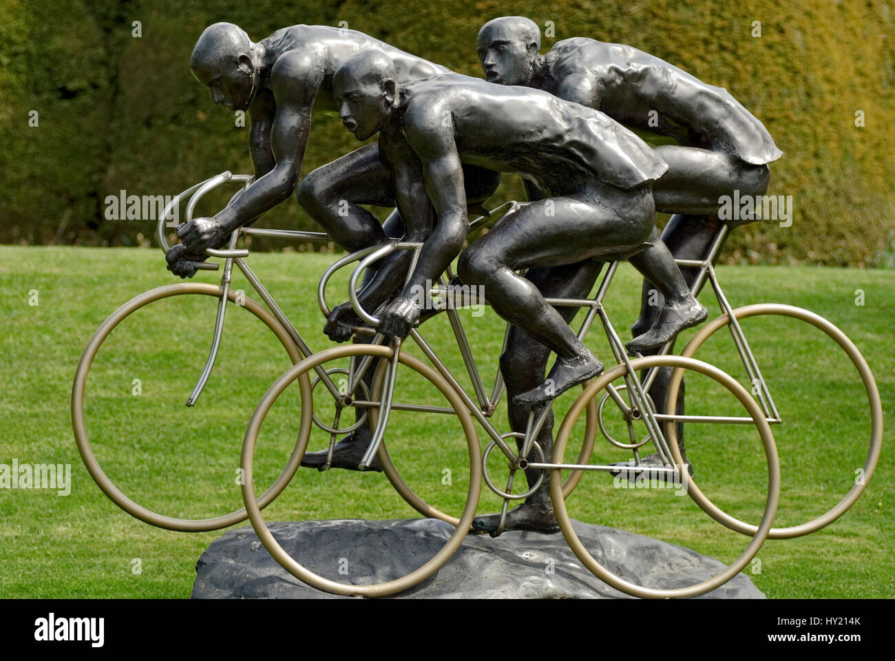 Image of the Cyclists Sculpture at the La Parc Olympic in Lausanne, Switzerland. Stock Photo