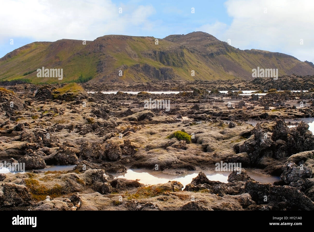 Stock Photo of a volcano landscape at the turquoise colored Blue Lagoon Hot Springs in Iceland. Stock Photo