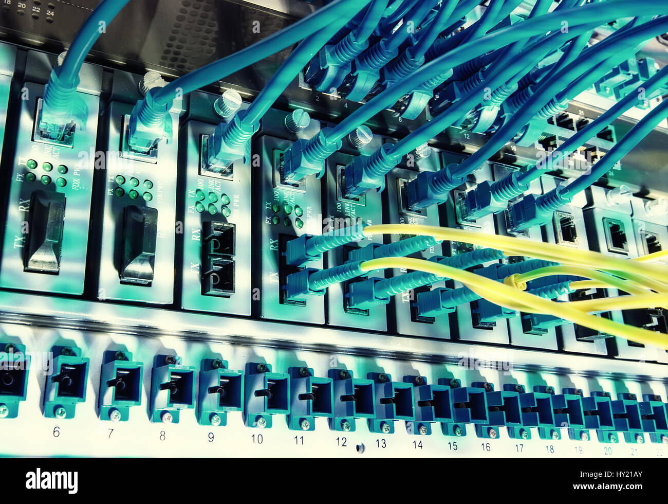 Fiber Optic cables connected to an optic ports and Network cables connected to ethernet ports Stock Photo