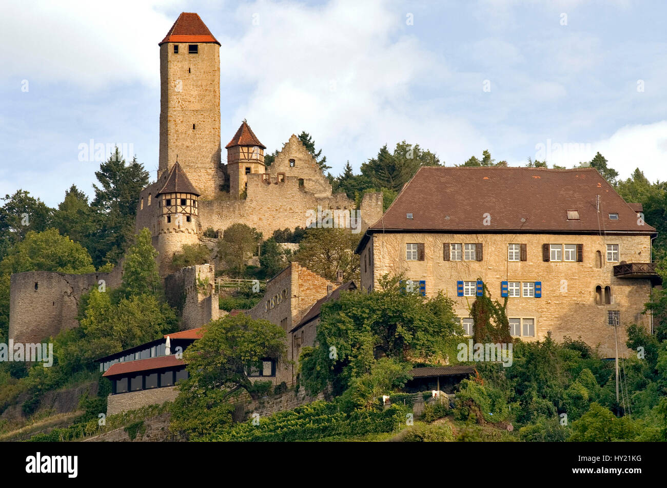Blick auf die Burg Hornberg, die Burg des GÃ¶tz von Berlichingen, in Neckarzimmern in Baden WÃ¼rttemberg, Deutschland.   Image of the Castle Hornberg  Stock Photo