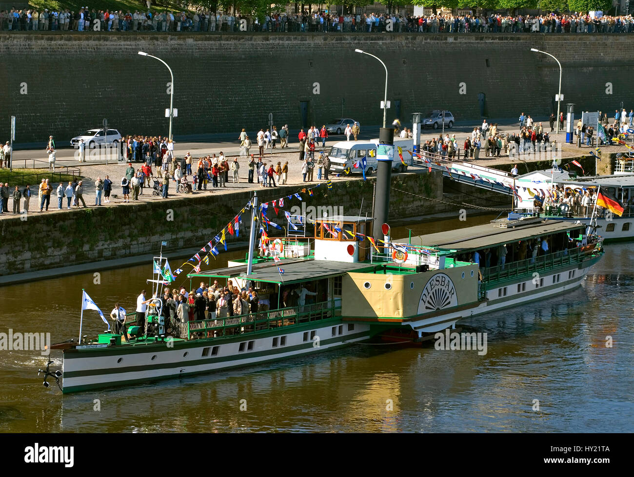 This image shows a sigle steam ship during the famous annual steam ship parade on the Elbe River near the old town of Dresden in Germany. Stock Photo