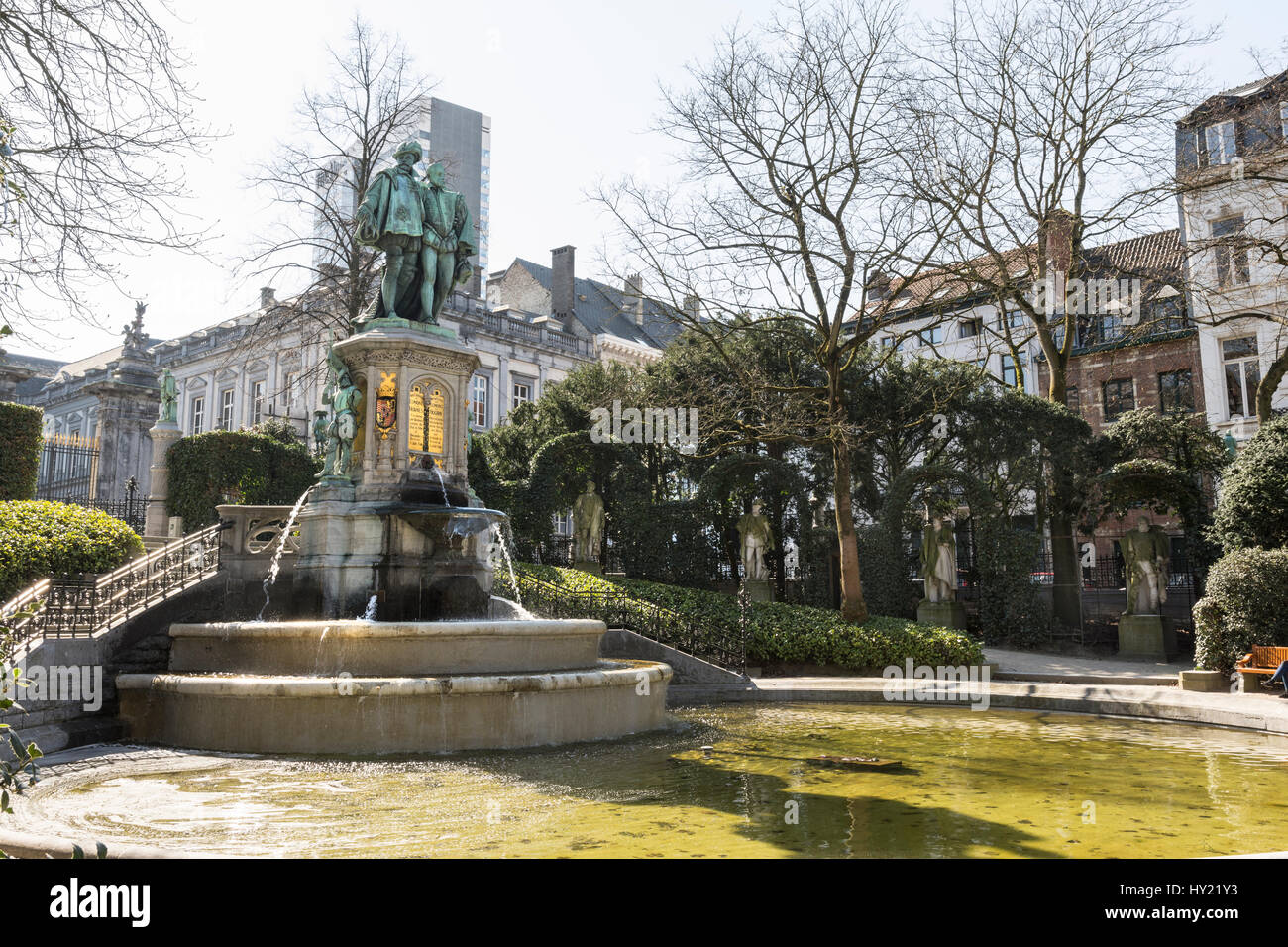 Statue of Counts Egmont and Hoorn in Square du Petit Sablon in Brussels Stock Photo