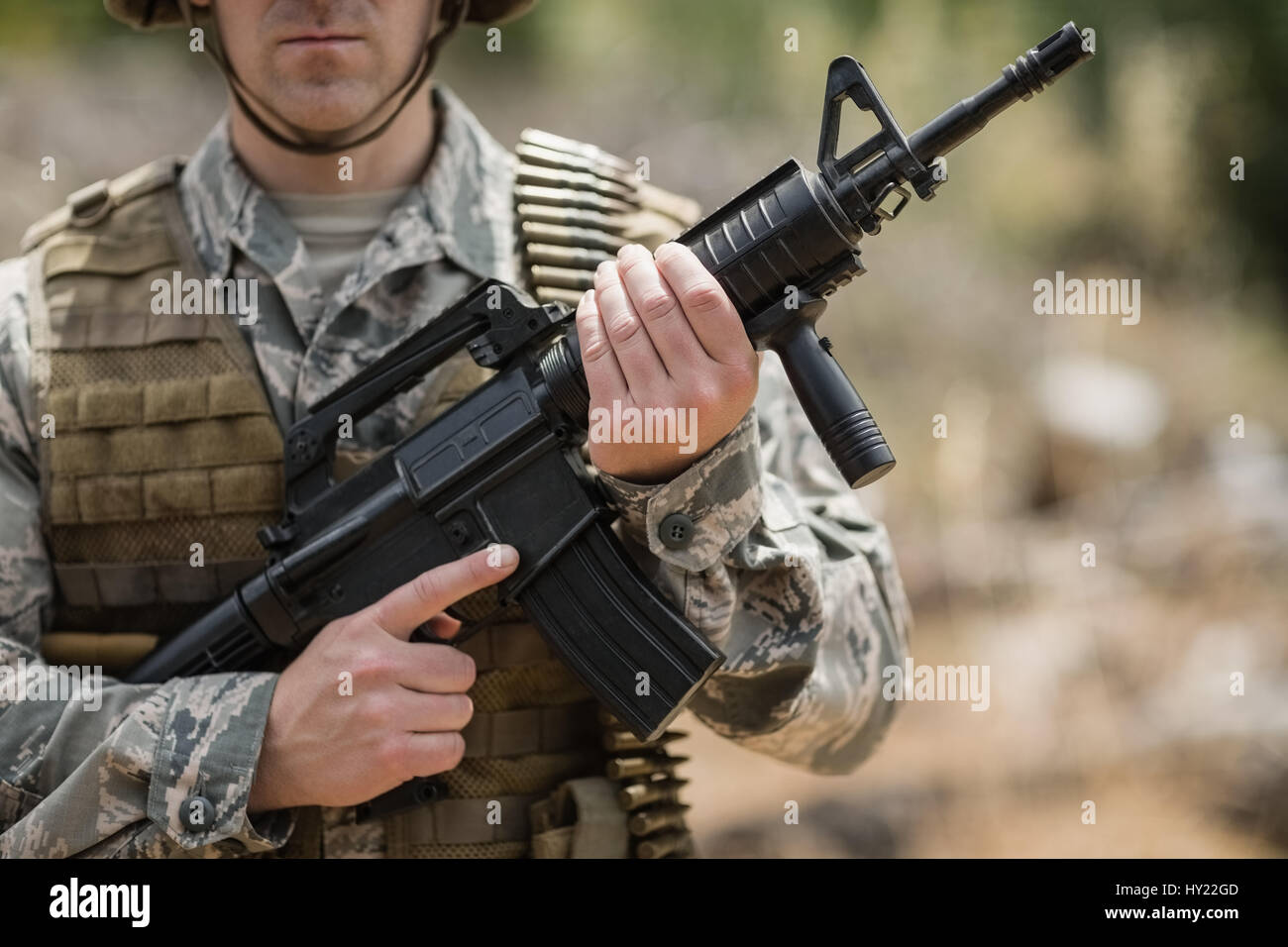 Army soldier safety helmet holding standing safety helmet preparation ...