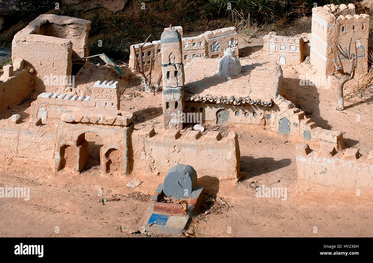 Image of nicely modelled arabian model village made of mud on a children play ground in Morocco. Stock Photo