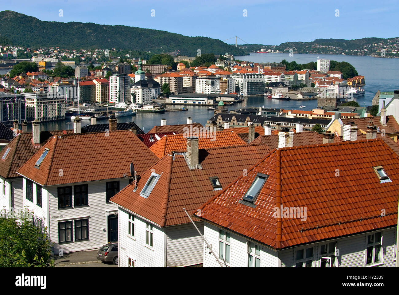 In this image you can see the harbour and historic houses of the old town of Bergen, in the second largest city in Norway viewed from the Floien Mount Stock Photo