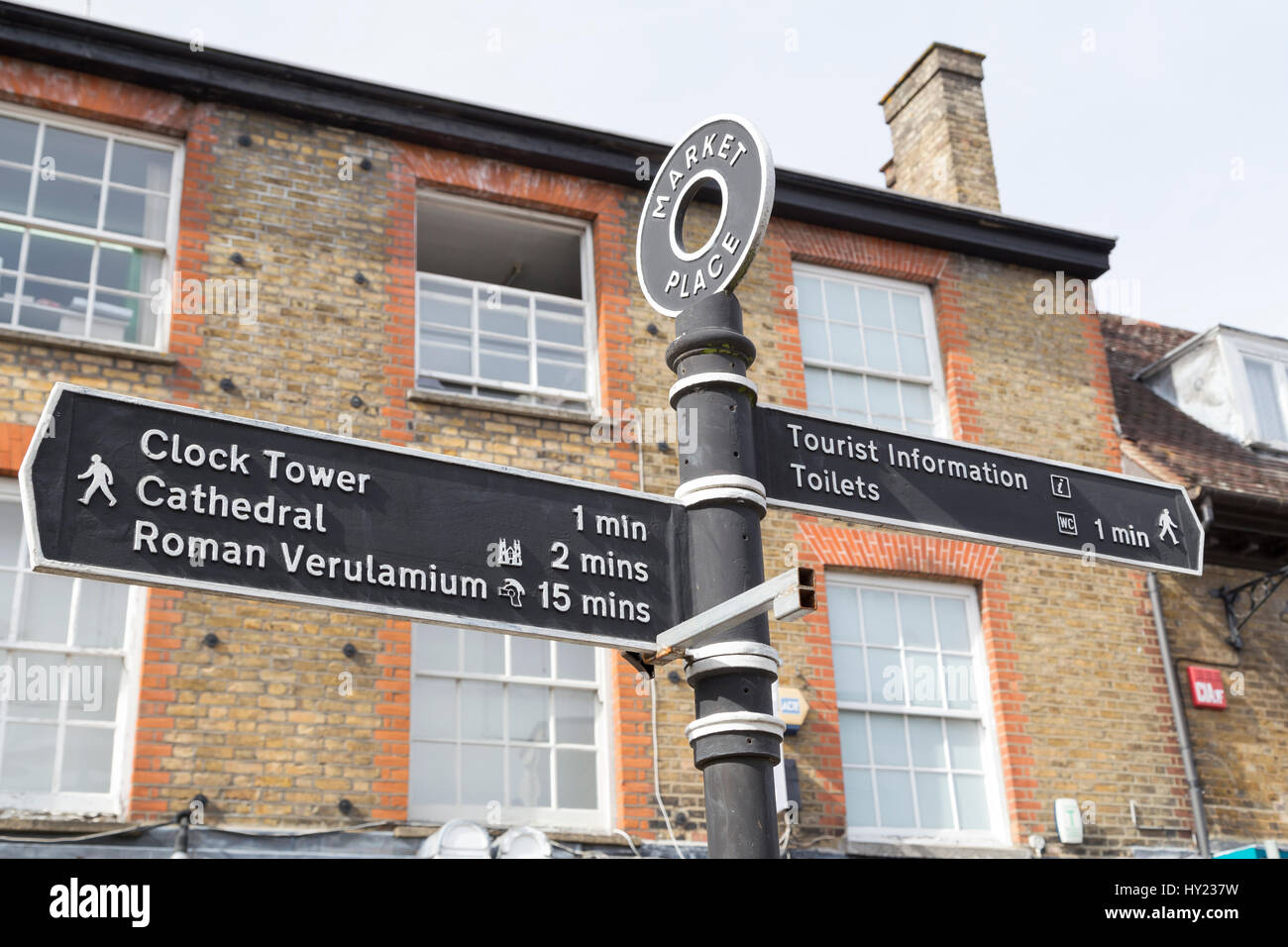 Tourist signpost in the St Alban's market square. Stock Photo