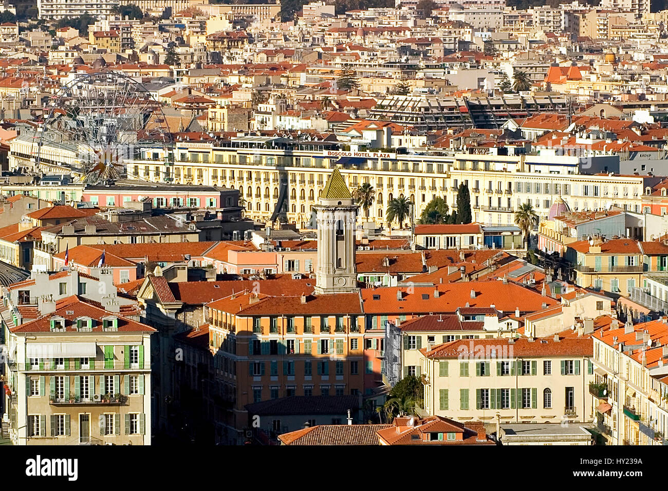 This stock photo shows a aerial view of Nice at the Cote d' Azur in Southern France. On this image you can see the old quarter of Nice with its narrow Stock Photo