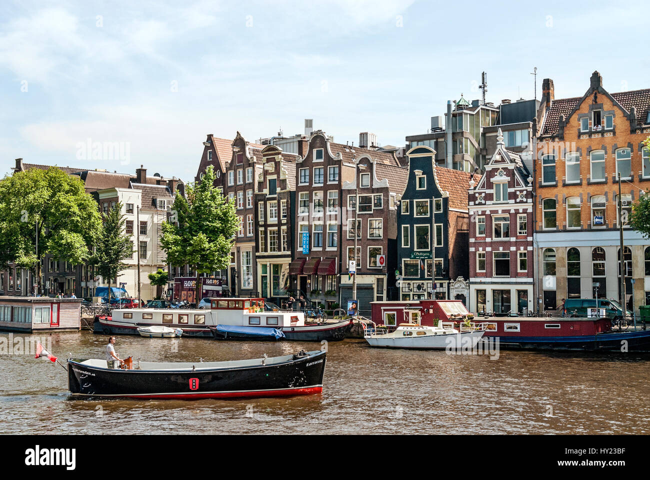 Historical architecture at channel in the inner city of Amsterdam, Netherlands. Stock Photo