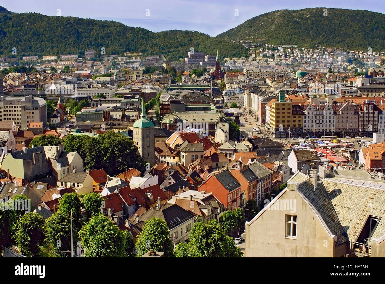 In this image you can see the harbour and historic houses of the old town of Bergen, in  the second largest city in Norway viewed from the Floien Moun Stock Photo