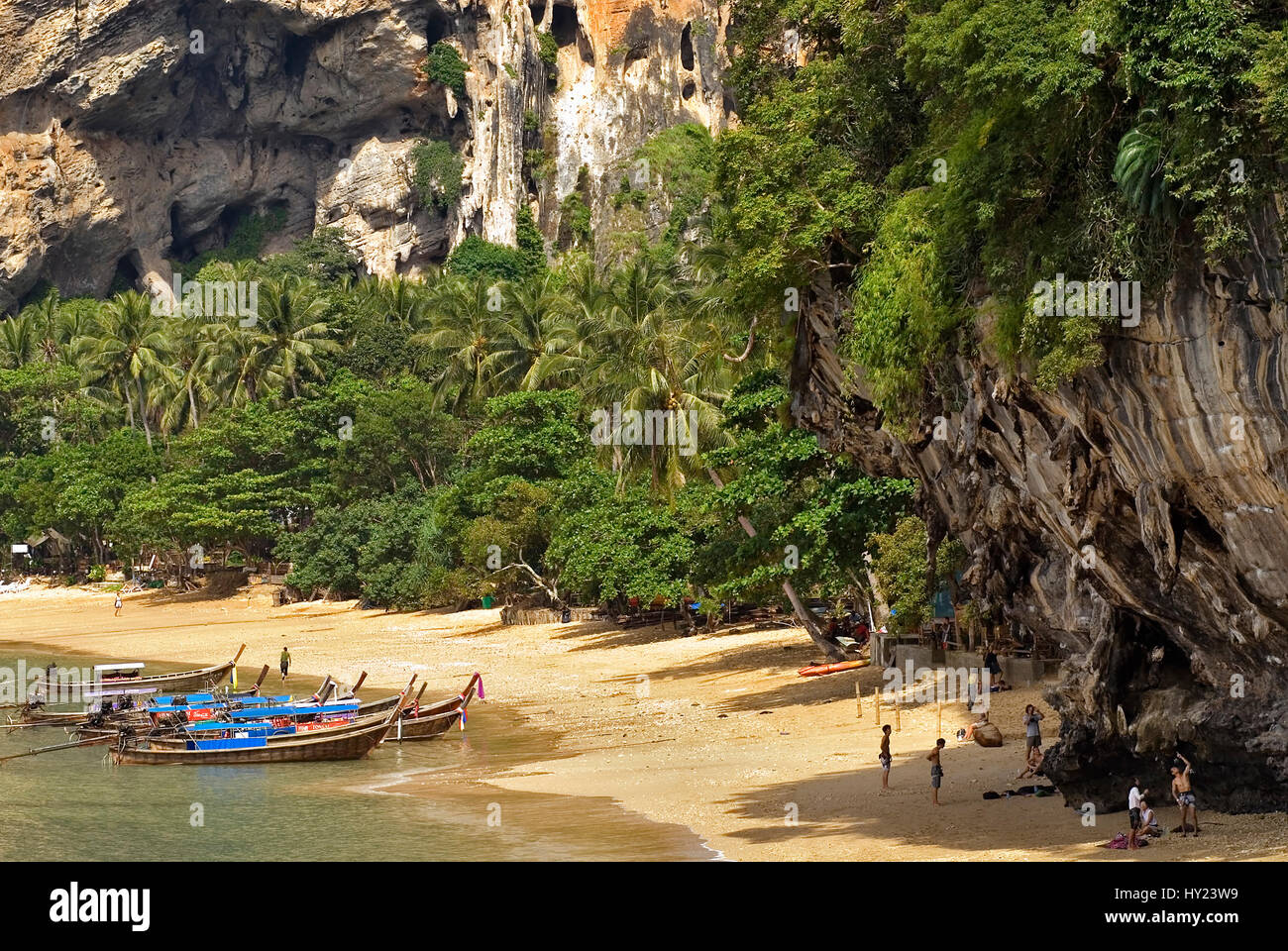 Stock Photo of a Thai Tourist Boats at the beach of Ton Sai Beach in tha Andaman Sea near Krabi. In the foreground of the image you see mountain climb Stock Photo