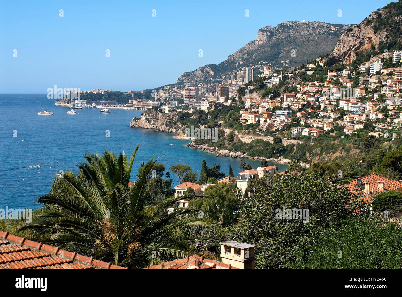 Stock Photo of a view along the coast line near Monaco at the French Rivera.  Blick ueber die Mittelmeerkueste in der Naehe von Monaco an der franzoes Stock Photo