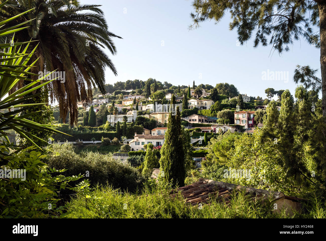 View from the old town of the Village into the surrounding back country landscape of the Cote d'Azur. Stock Photo