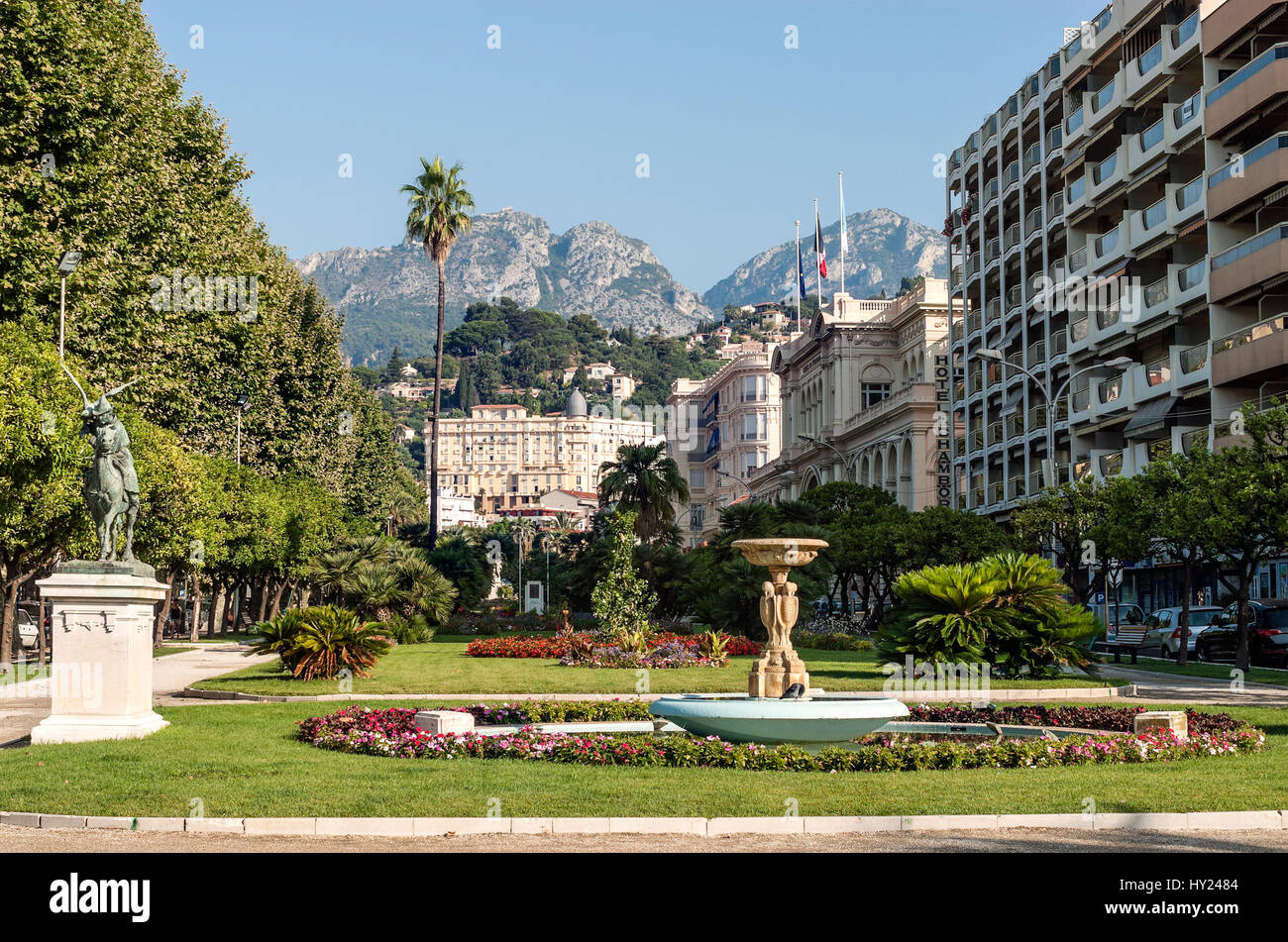 Park in the town centre of Menton at the French Rivera.; Menton; nicknamed the Pearl of France; is located on the Mediterranean Sea at the Franco-Ital Stock Photo