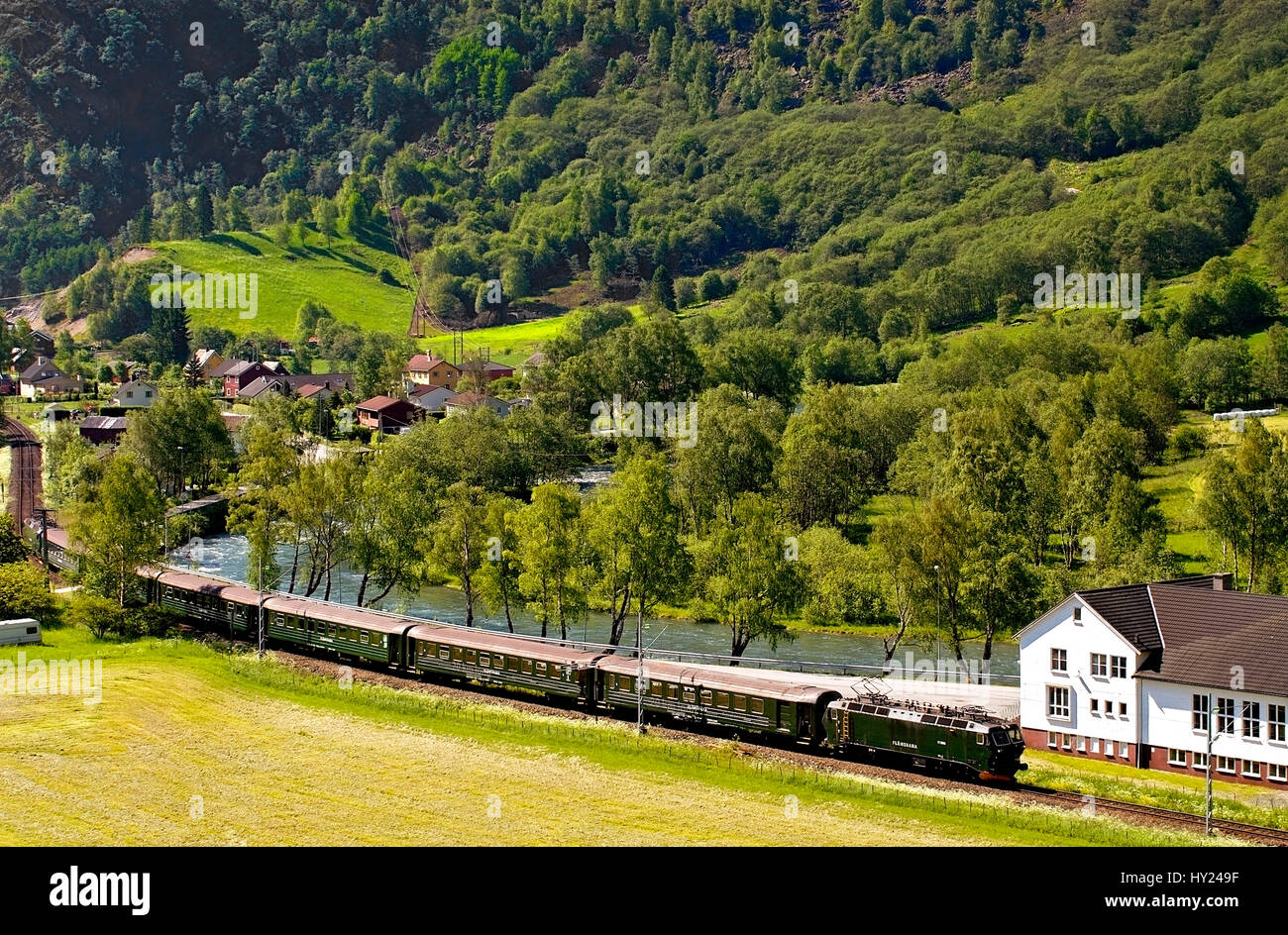 This image shows the famous Flam Train, one of the highest altidute train operated worldwide, driving through a typical Norwegian landscape near Flam  Stock Photo