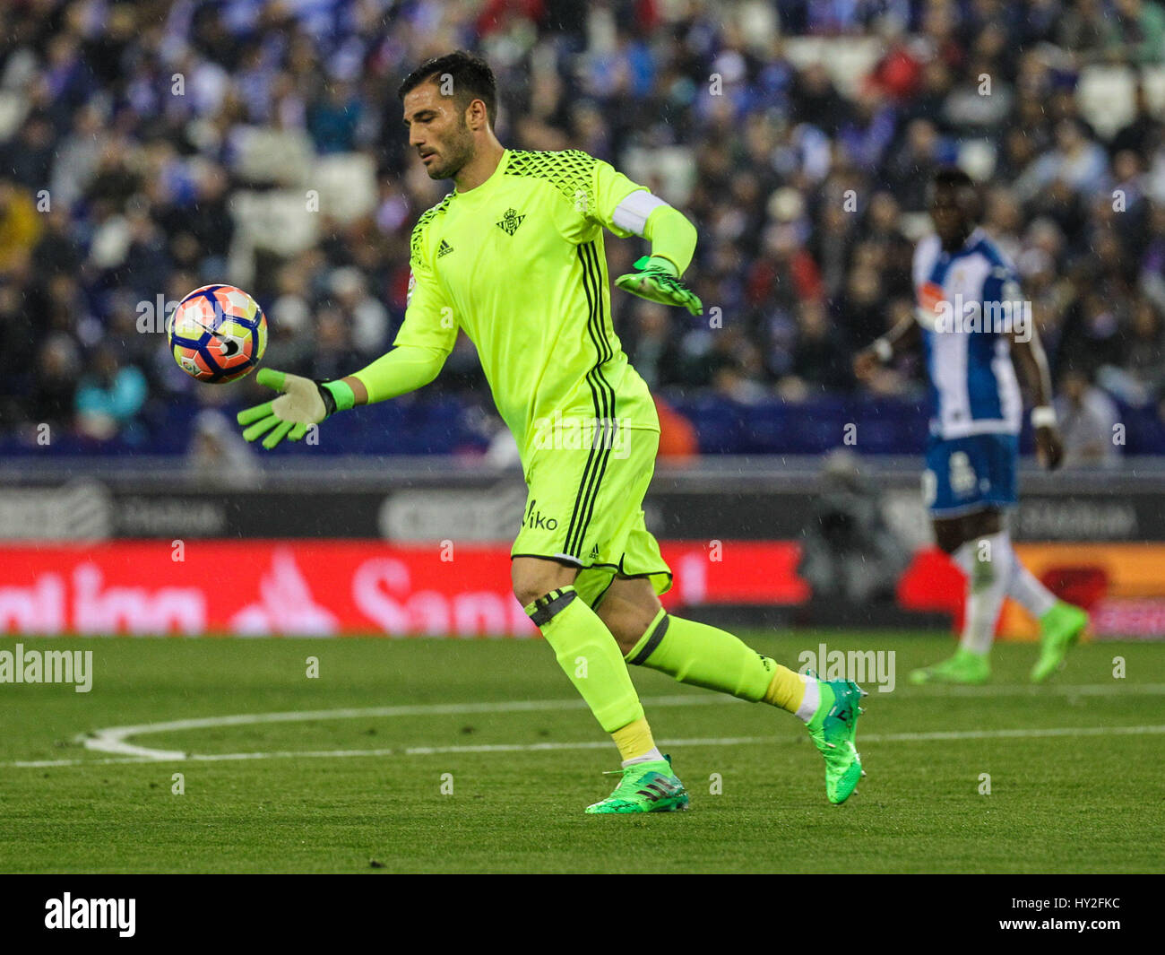 Barcelona, Spain. 31st March, 2017. An action of Adan during the match. Barcelona, march 31, 2017. La Liga Santander match day 29 game between Espanyol de Barcelona and Real Betis de Sevilla played in RDCE Stadium, Barcelona, Spain. Espanyol defeated Betis with two late goals scored by Javi Fuego (87 min) and Reyes (90 min). Ruben Castro scored for Betis (78 min). Photo by Pedro Salado | PHOTO MEDIA EXPRESS Credit: VWPics/Alamy Live News Stock Photo