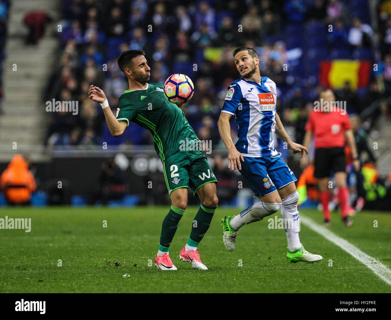 Barcelona, Spain. 31st March, 2017. Piatti and Rafa N during the second half. Barcelona, march 31, 2017. La Liga Santander match day 29 game between Espanyol de Barcelona and Real Betis de Sevilla played in RDCE Stadium, Barcelona, Spain. Espanyol defeated Betis with two late goals scored by Javi Fuego (87 min) and Reyes (90 min). Ruben Castro scored for Betis (78 min). Photo by Pedro Salado | PHOTO MEDIA EXPRESS Credit: VWPics/Alamy Live News Stock Photo
