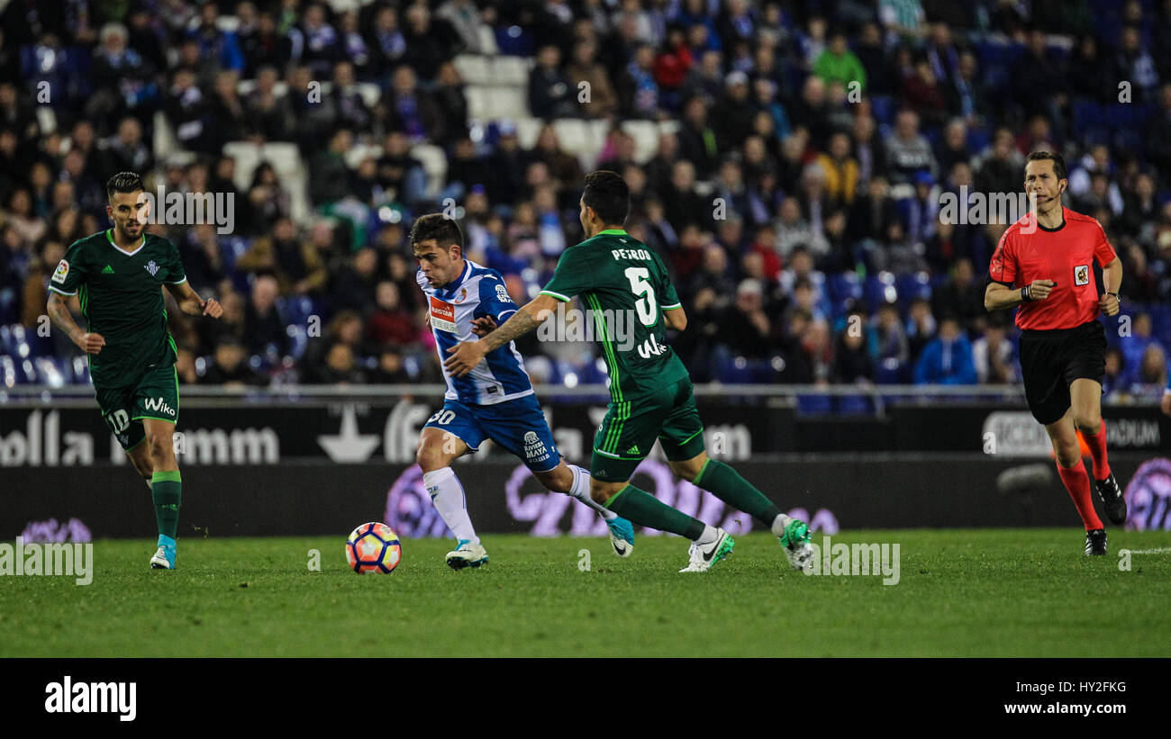 Barcelona, Spain. 31st March, 2017. An action of Melendo during the match. Barcelona, march 31, 2017. La Liga Santander match day 29 game between Espanyol de Barcelona and Real Betis de Sevilla played in RDCE Stadium, Barcelona, Spain. Espanyol defeated Betis with two late goals scored by Javi Fuego (87 min) and Reyes (90 min). Ruben Castro scored for Betis (78 min). Photo by Pedro Salado | PHOTO MEDIA EXPRESS Credit: VWPics/Alamy Live News Stock Photo