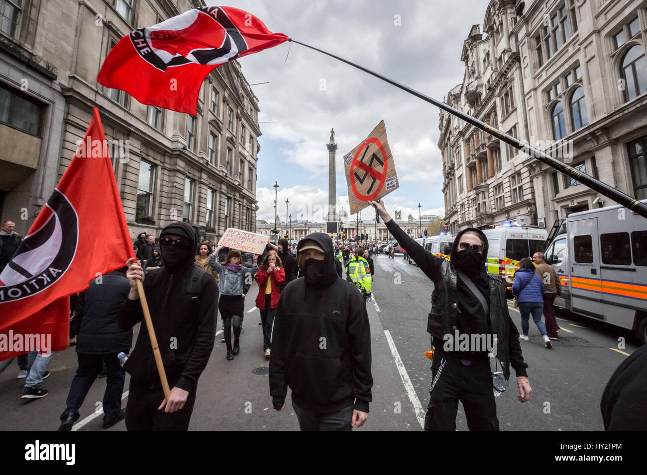 London, UK. 1st April, 2017. Anti-Fascist groups including Unite Against Fascism (UAF) clash with police with some arrests being made whilst counter-protesting far-right British nationalist groups including Britain First and the English Defence League (EDL) during their “march against terrorism” through central London in light of the recent terror attacks in Westminster. Police arrested 14 people during the clashes. © Guy Corbishley/Alamy Live News Stock Photo