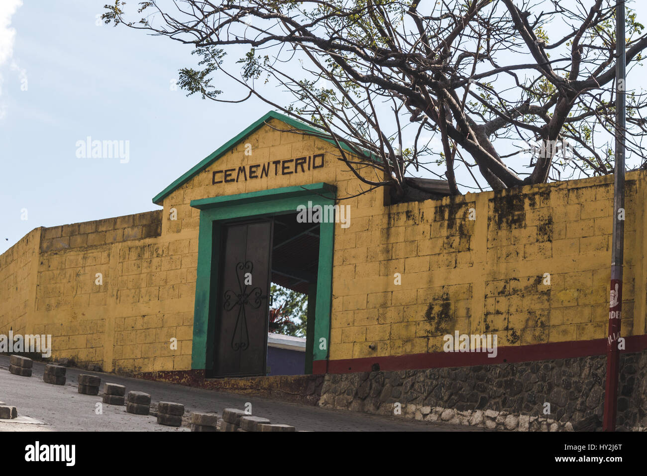 Cemetery in Guatemala with the word 'Cementerio' over entrance door. Stock Photo