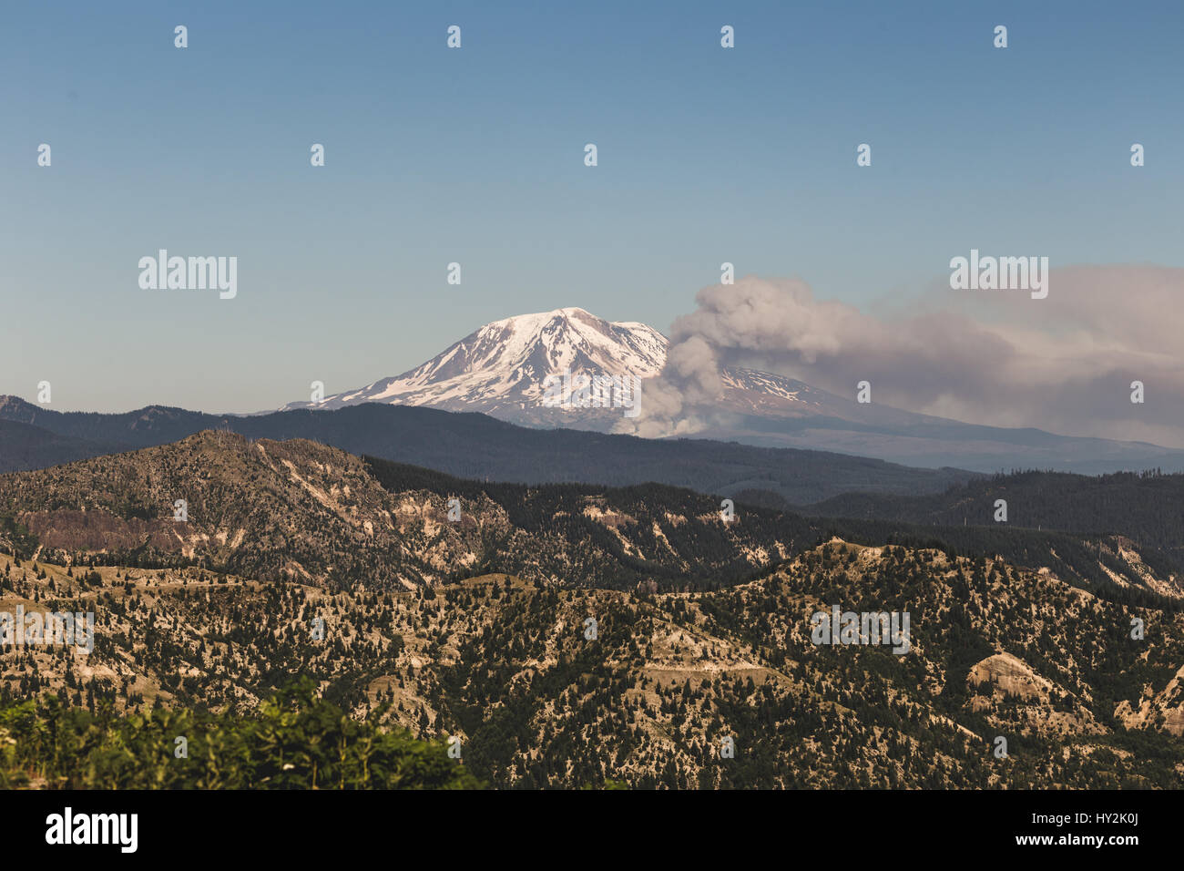 Smoke from a forest fire in front of Mount Adams in Washington, USA. Sunny summer day under blue sky. Stock Photo