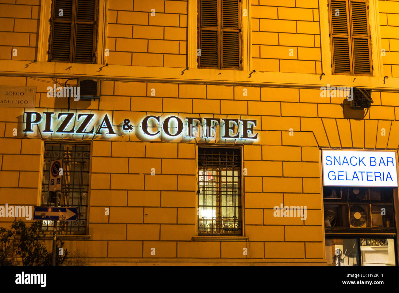 Rome, Italy - January 4, 2017: Snack bar sign illuminated at night in a ...