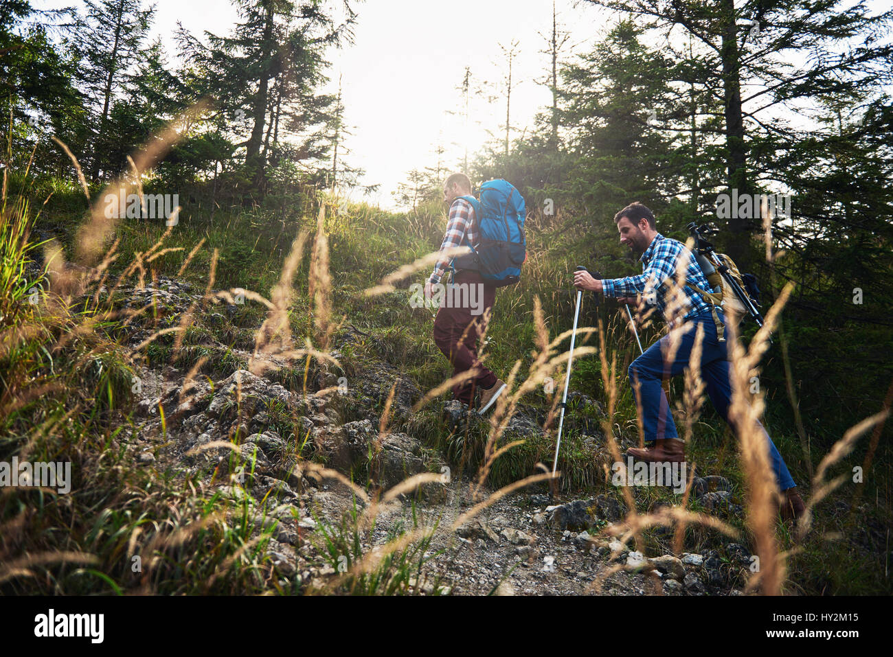 Hikers making their way up a rocky forest trail Stock Photo