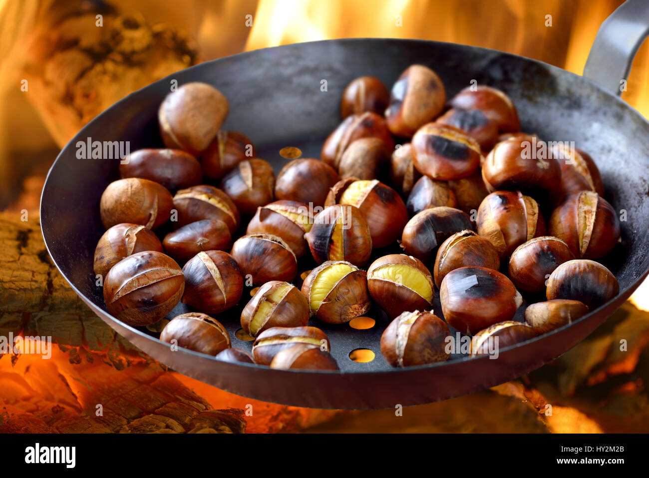 Roasting Chestnuts In A Special Pan Over An Open Fire Stock Photo