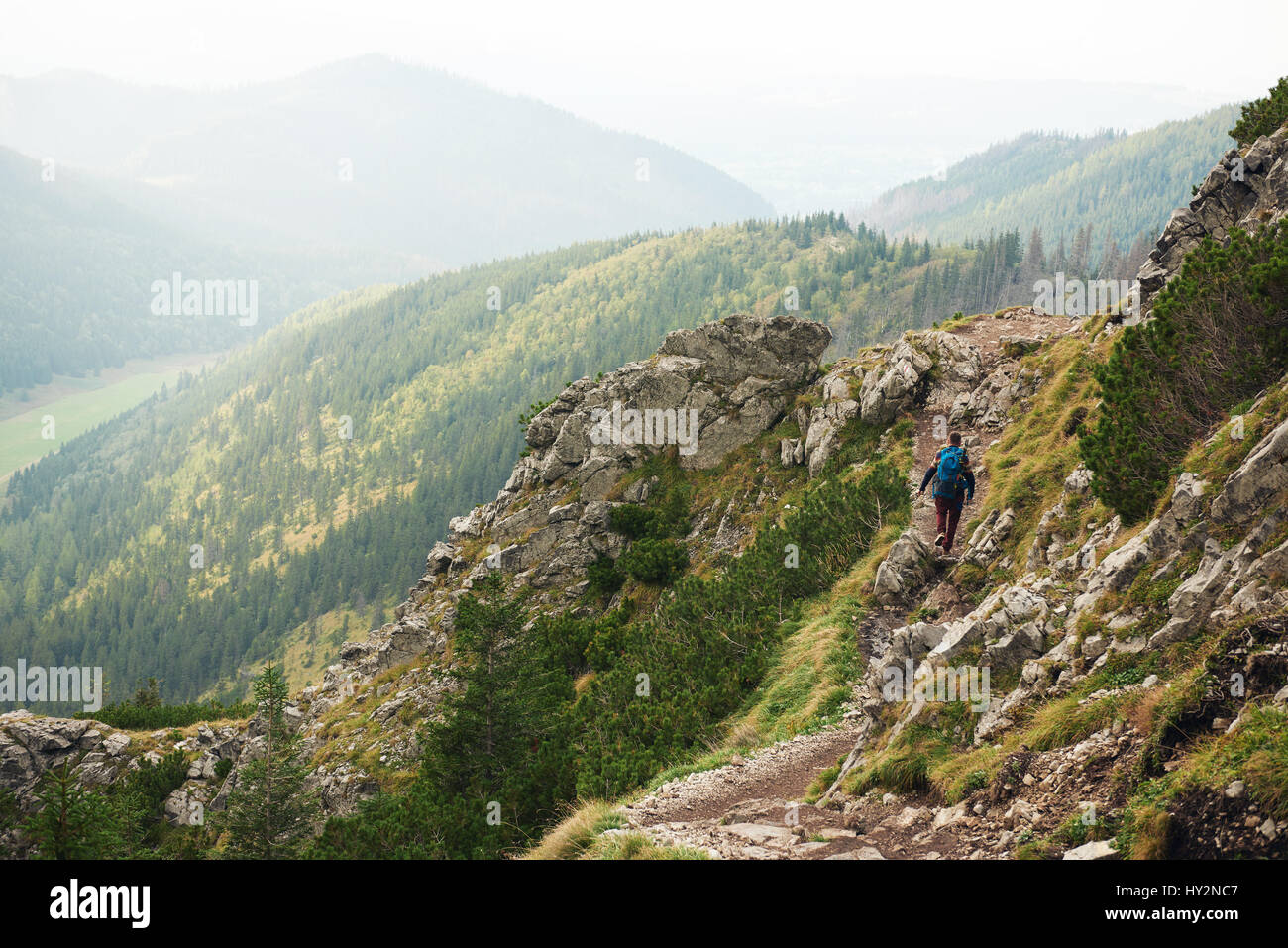 Hiker trekking aone along a rock mountain path Stock Photo - Alamy