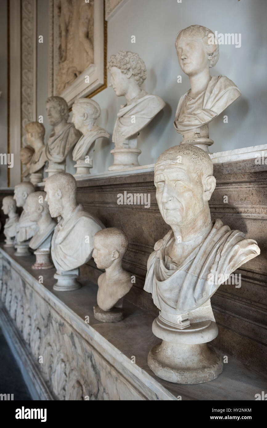 Rome. Italy. Hall of the Emperors, Capitoline Museums. Sala degli Imperatori, Musei Capitolini. Foregound; Portrait bust of Roman Emperor Trajan Deciu Stock Photo