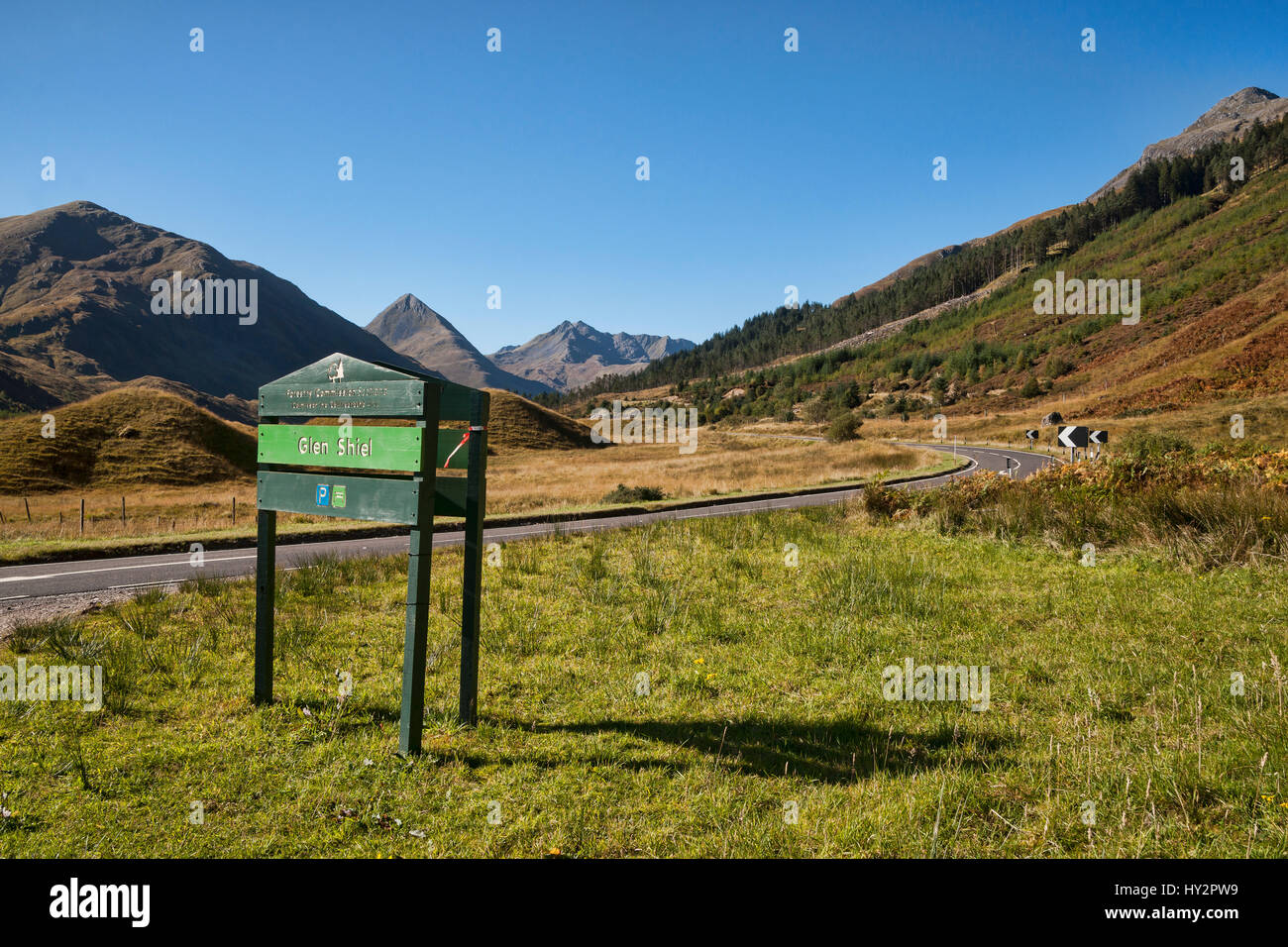 Entrance to Glen Shiel, signpost, A87, Road to Isles, Highland, Scotland, UK Stock Photo