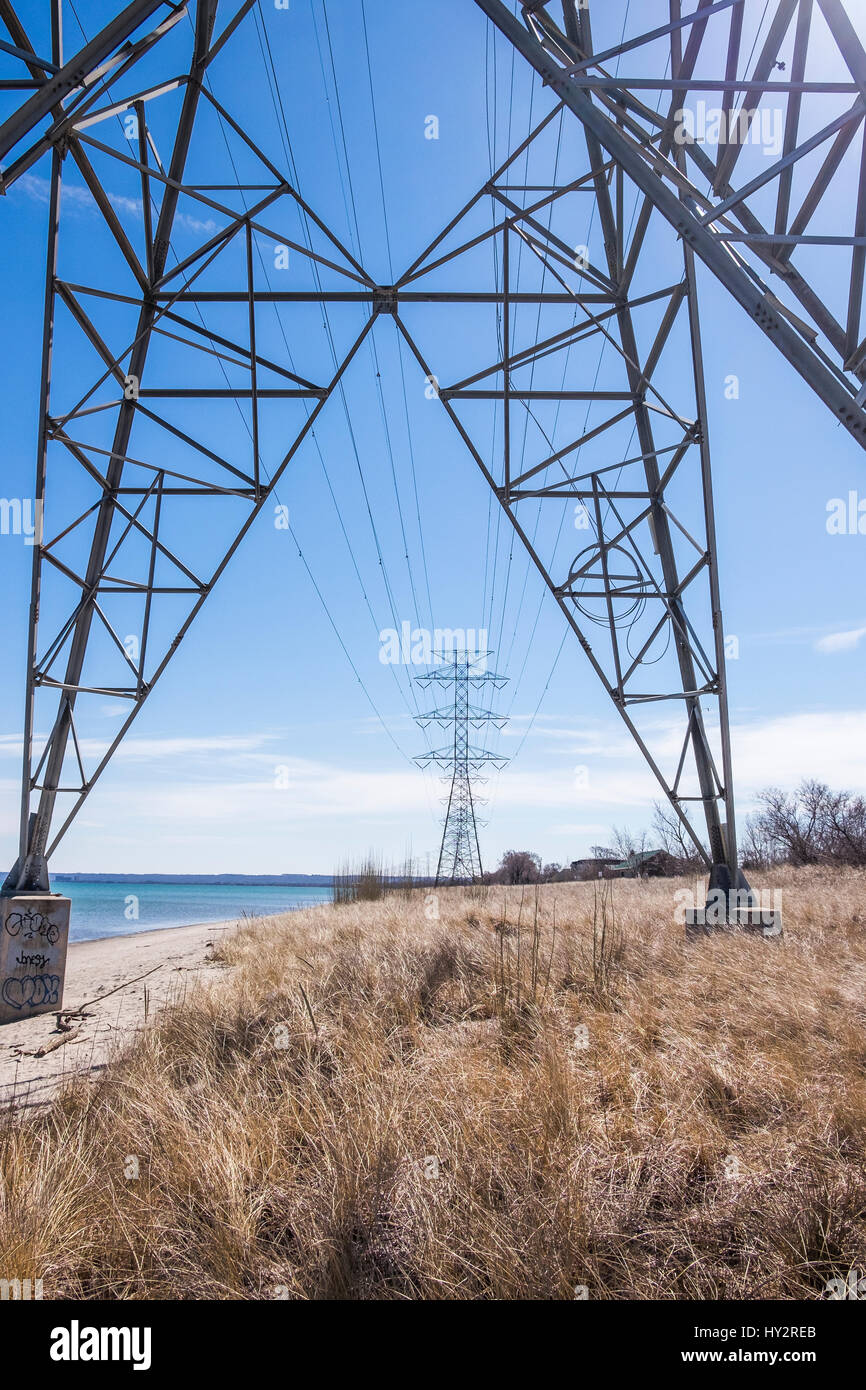 Hydro towers running along the shoreline of Lake Ontario in Burlington