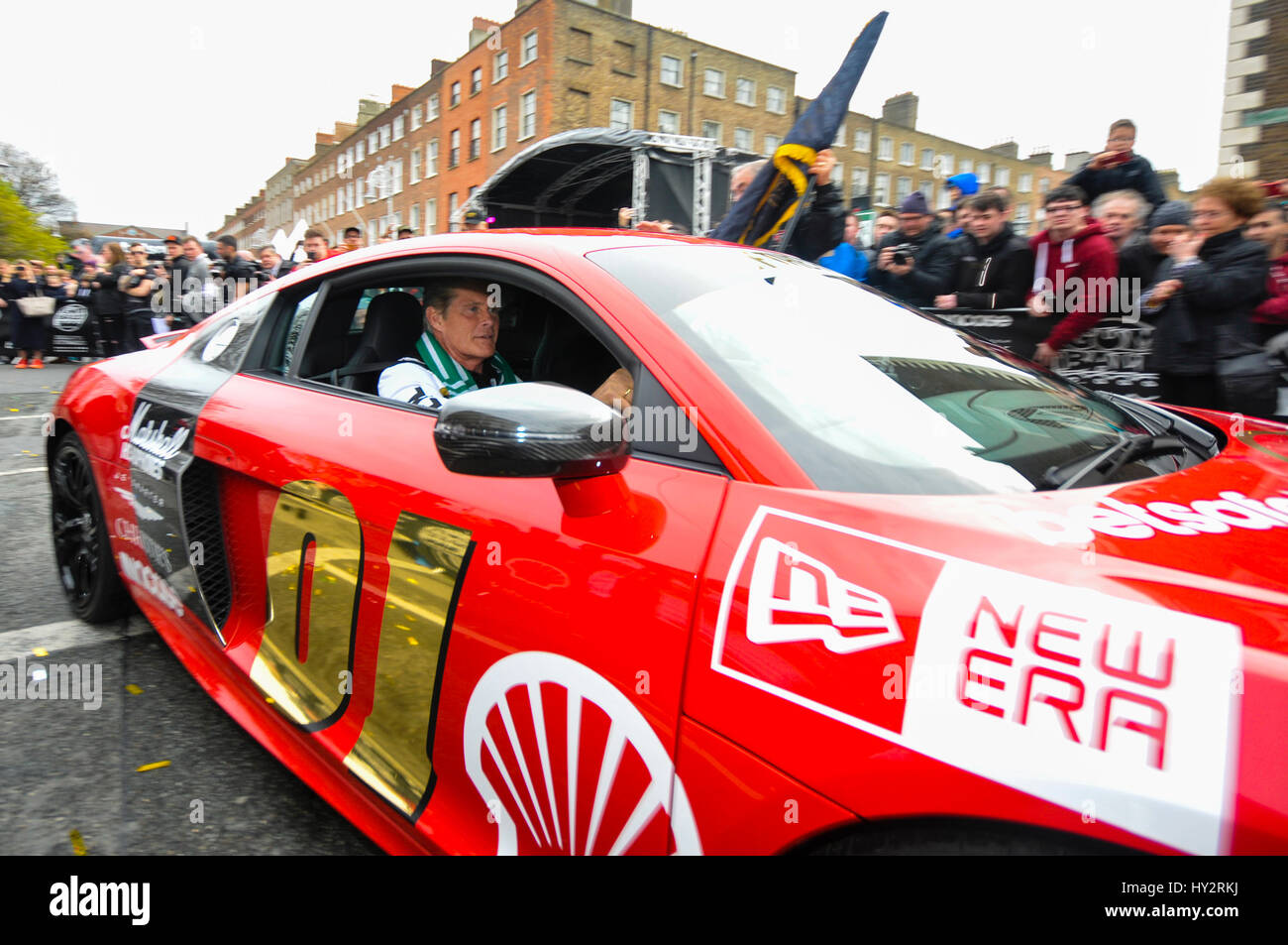 DUBLIN, IRELAND. MAY 01 2016 - David Hasselhoff sets off from Dublin on the first leg of the Gumball 3000 to Budapest in his Audi R8. Stock Photo