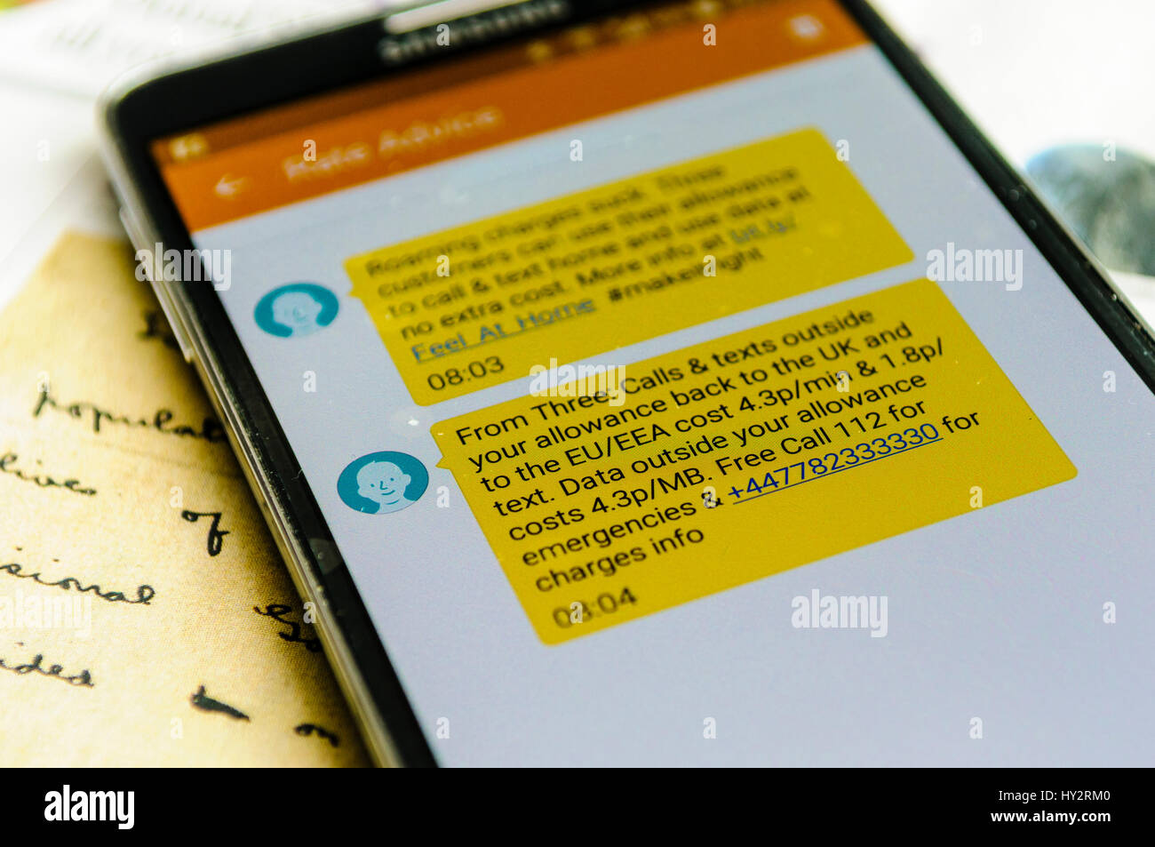 MAY 02 2016 A mobile phone displays a text message from the