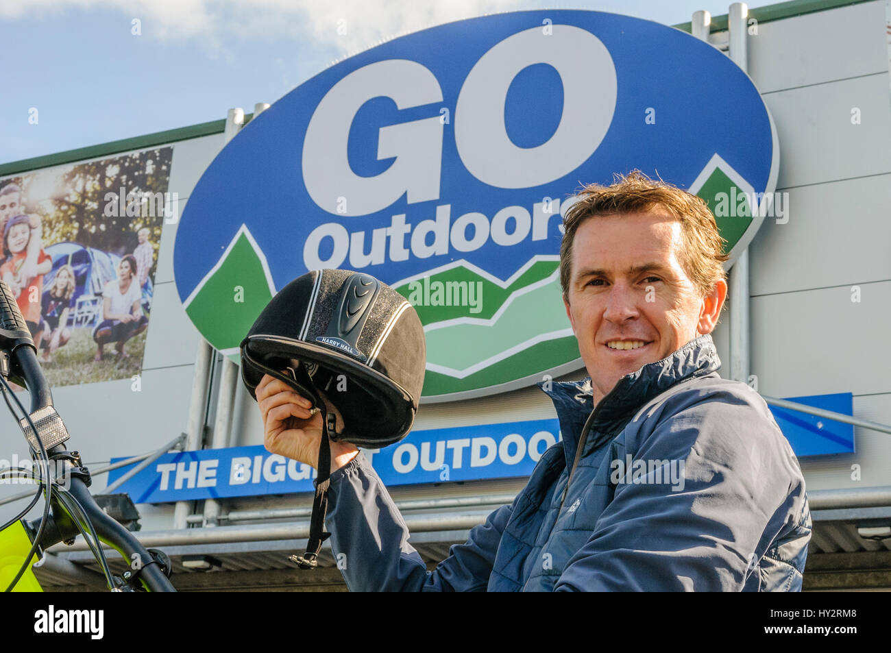 NEWTOWNABBEY, NORTHERN IRELAND. 14 MAY 2016 - Champion Jockey AP McCoy opens the first Go Outdoors store in Ireland. Stock Photo