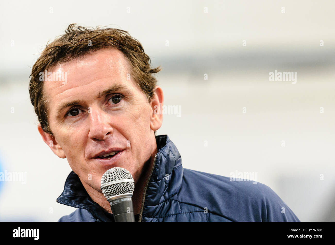 NEWTOWNABBEY, NORTHERN IRELAND. 14 MAY 2016 - Champion Jockey AP McCoy gives a Question and Answer session at the opening of the first Go Outdoors store in Ireland. Stock Photo