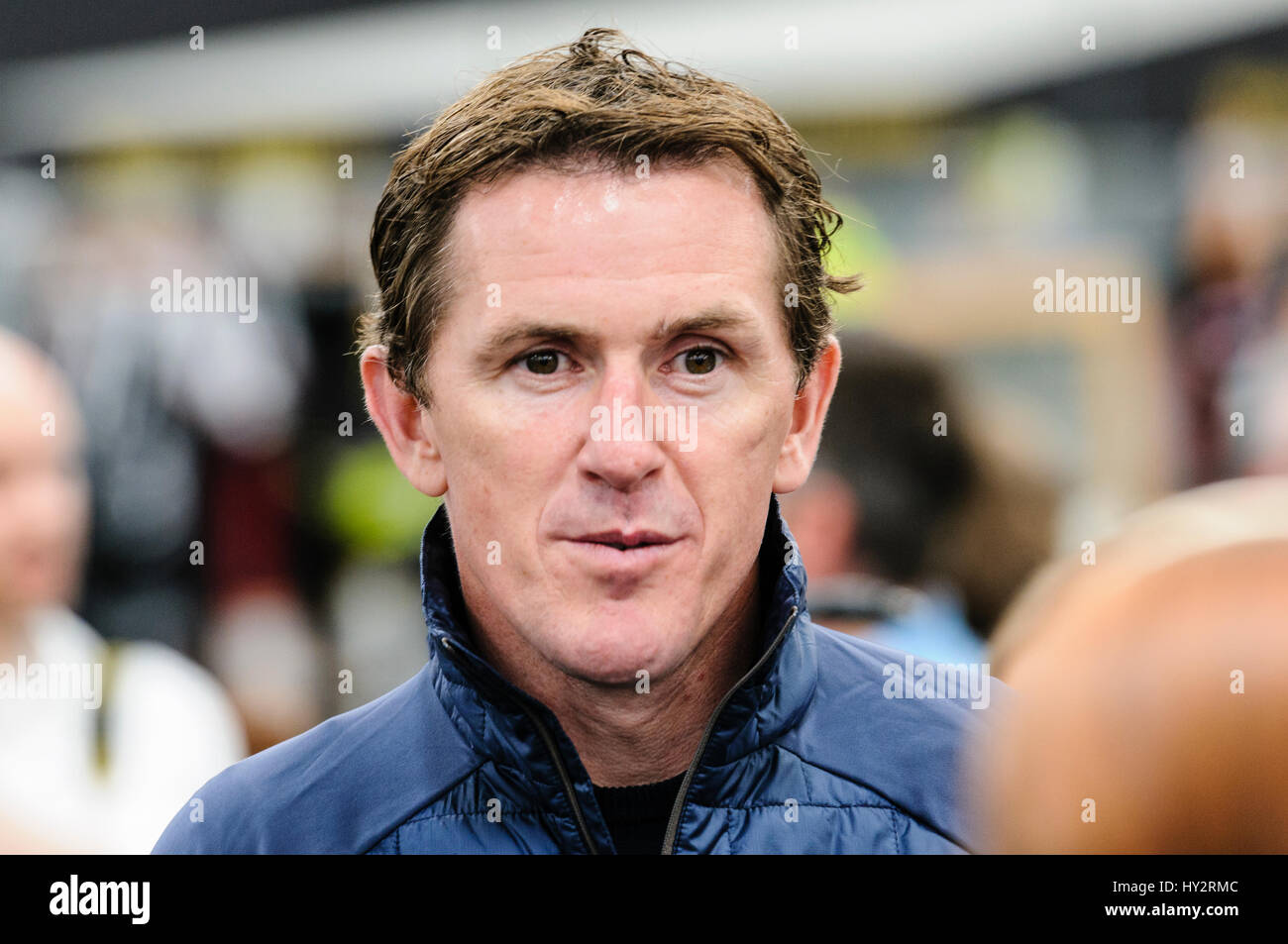 NEWTOWNABBEY, NORTHERN IRELAND. 14 MAY 2016 - Champion Jockey AP McCoy opens the first Go Outdoors store in Ireland. Stock Photo