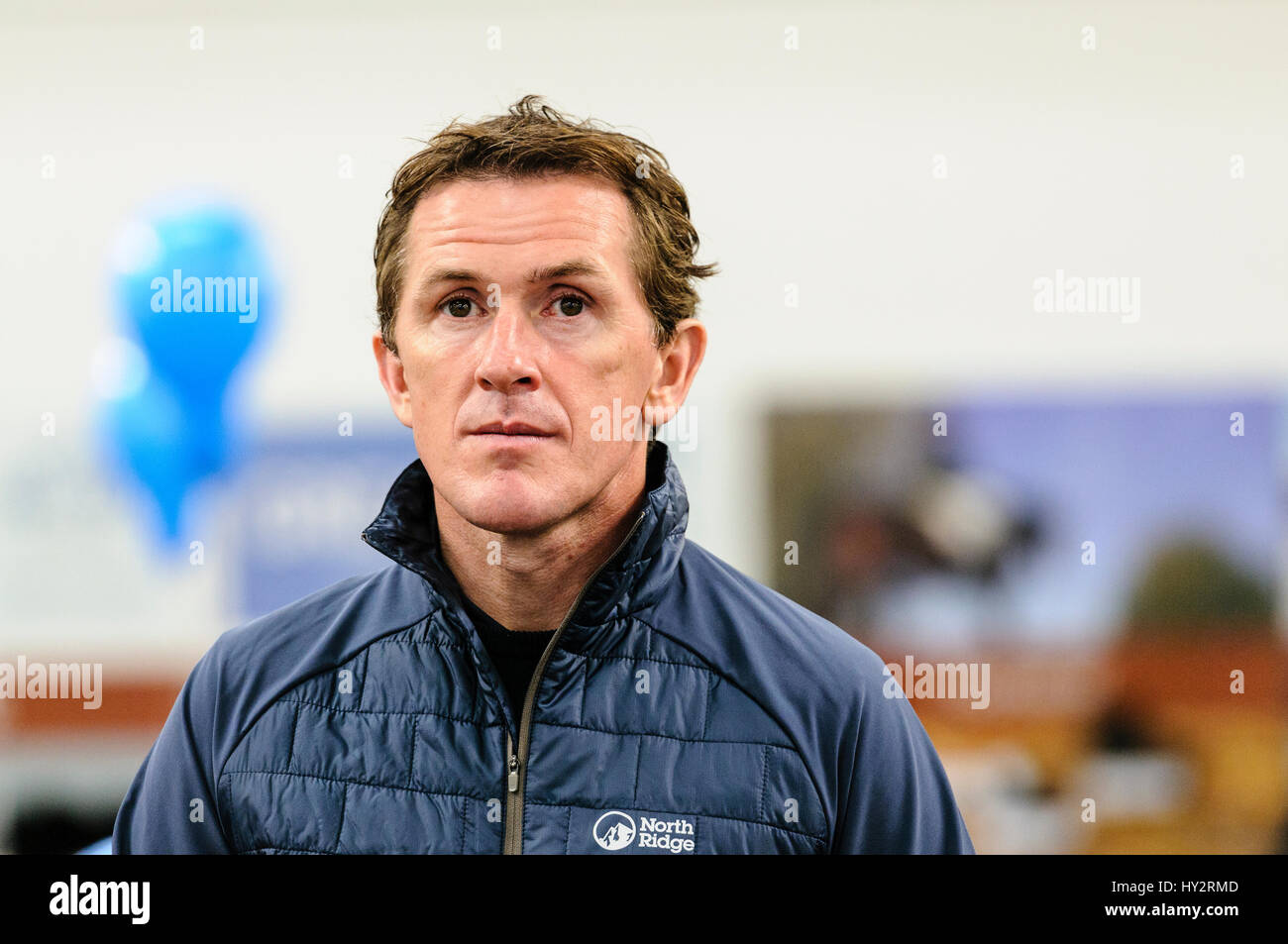 NEWTOWNABBEY, NORTHERN IRELAND. 14 MAY 2016 - Champion Jockey AP McCoy opens the first Go Outdoors store in Ireland. Stock Photo